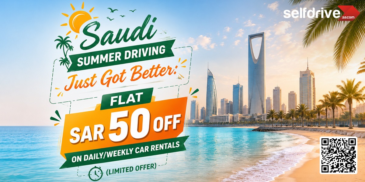 Promotional graphic for Selfdrive.sa, offering SAR 50 off on car rentals. Features a sunny beach scene with Riyadh skyline and palm trees.